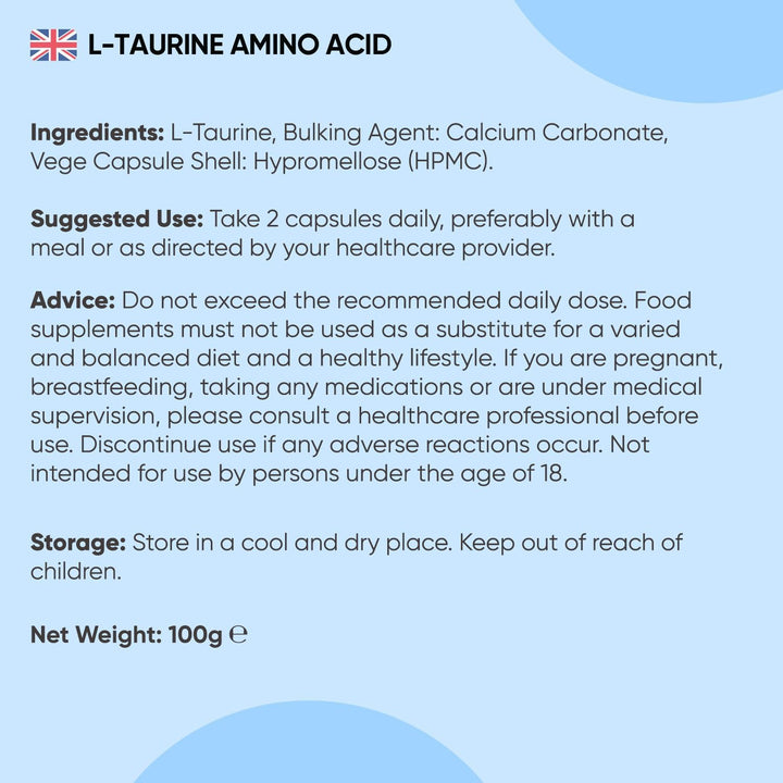 L-Taurine 1000Mg Capsules - 180 Capsules - 3 Months Supply - Amino Acid Taurine Supplement - Easy to Take - Vegan-Friendly, Non-Gmo & Gluten-Free - for Men & Women - Made in EU