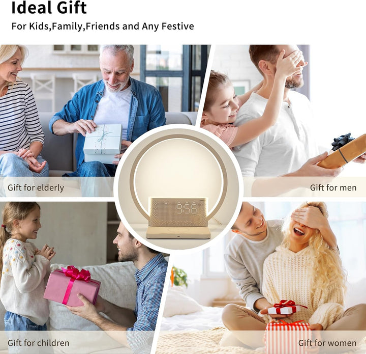 Bedside Lamp, Wake-Up Light, 10 Watt Wireless Charger, Touch Dimmable Table Lamp, Sunrise Alarm Clock, 3 Levels of Brightness, Soothing Sound, Bedroom Sleep Aid for Babies & Adults