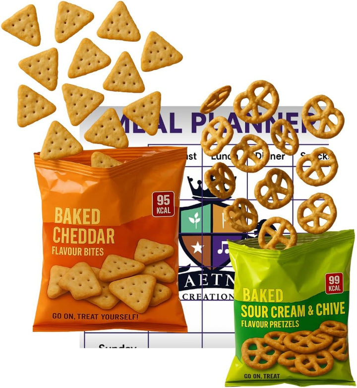 Crisps Variety Snack Pack – 12 Bags (6X Cheddar Bites & 6X Sour Cream and Chive) – High Protein Slim Fast Style Snack Bundle with AETN Meal Planner Guide