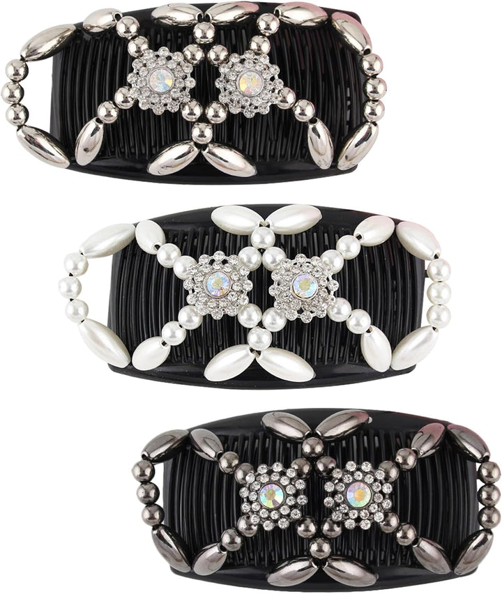 Double Clip Magic Elastic Beaded Hair Combs, 3PCS Double Sided Clips for DIY Hairstyling, Girls & Women Hair Accessories (Flowers)