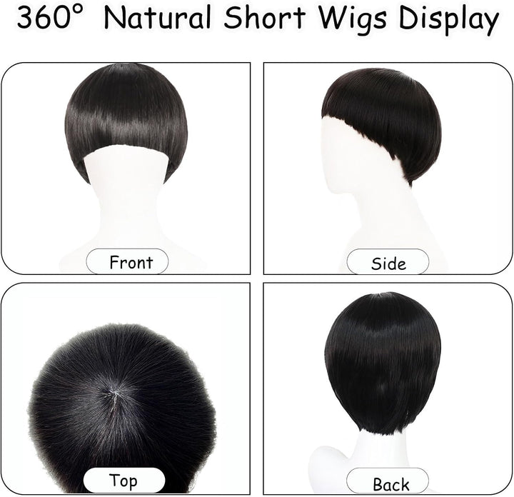 Short Black Straight Wig for Men Women, Short Mushroom Wig with Full Bang Funny Bowl Cut Hairstyle, Men'S 60S 70S 80S Hair Costume Movie Role Play Fancy Dress Cosplay Party Halloween (Black)