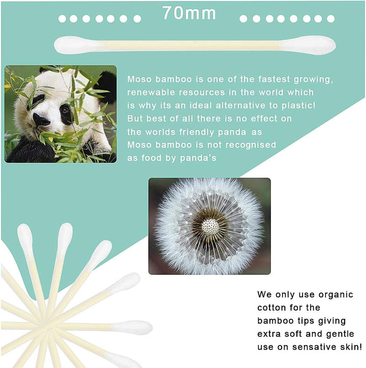 Bamboo Cotton Buds, 200 PCS (2 X 100) Eco-Friendly Cotton Ear Buds Swabs with Bamboo Handle - Recyclable and Biodegradable Cotton Swabs for Cleaning Ear Makeup Wound