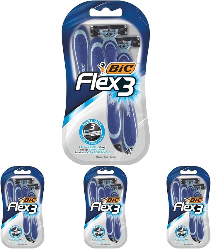 Flex 3, Triple Blade Razor Blades for Men, with Moving Blade Heads for a Close and Soft Shave, Pack of 4