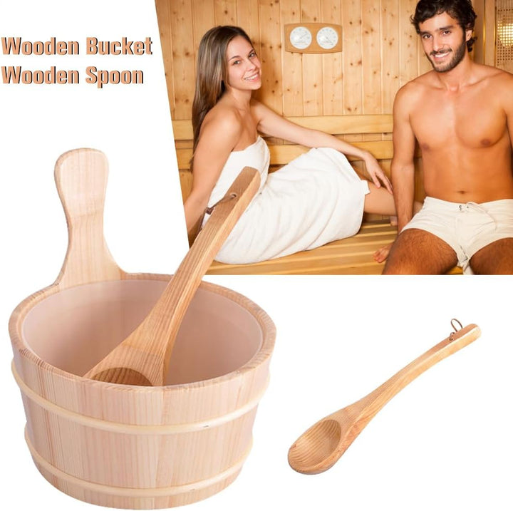 2 Pieces Sauna Wooden Bucket and Ladle Set, Sauna Accessories Kit, Wood Sauna Barrel Set, 4L Sauna Water Bucket with Handle and Spoon, Wooden Buckets Bathroom Wooden Bucket & Ladle Set