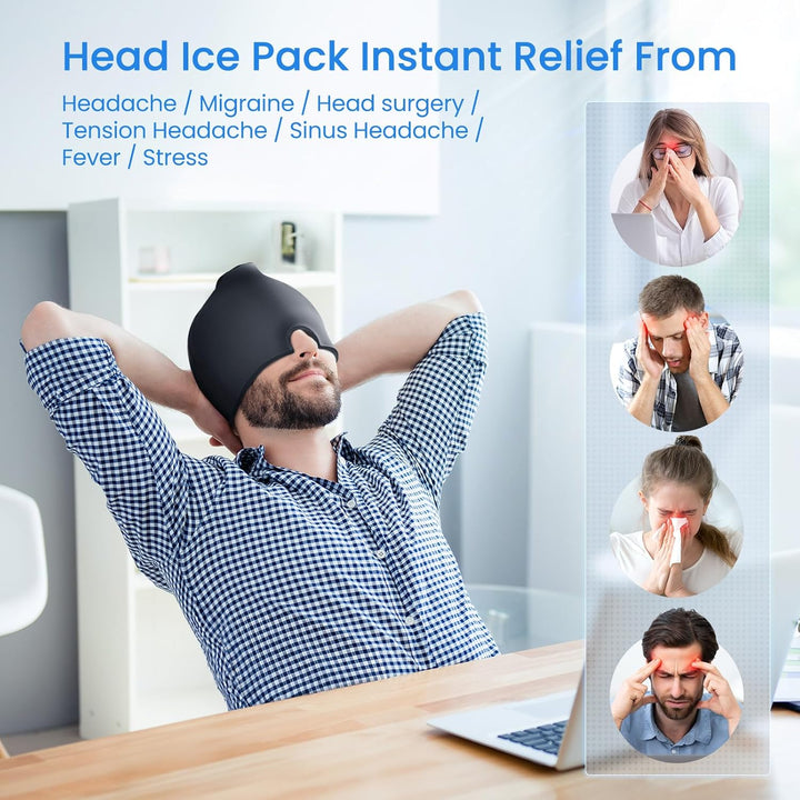 Migraine Relief Cap, Upgraded Odorless Headache Relief Cap, 360° Gel Surround Ice Pack Mask for Migraine, Sinus, Stress, Frontal Headaches (Black)