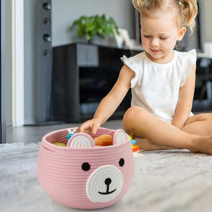 Cotton Rope Baby Basket, Baby Gift Basket Nursery Laundry Organizer with Cute Bear Design for Storage Infant Newborn Essentials, Diaper Caddy with Handle (Pink)