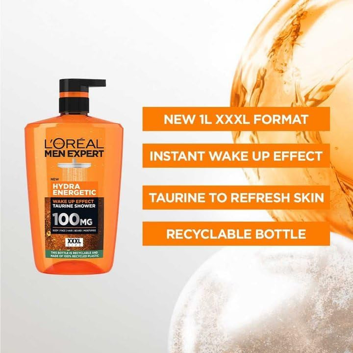 L'Oréal Men Expert Hydra Energetic 3-In-1 Shower Gel - Energizing Body, Face & Hair Wash for Men, Instant Wake-Up Effect, Invigorating & Refreshing Cleanser XXXL 1L