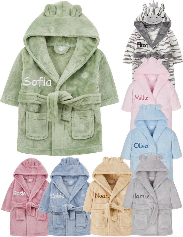 Personalised Baby Bathrobe Hooded Fleece Dressing Gown Super Soft Gifts Bath Robe for Boys Girls Cute Teddy Ears 0-4 Years