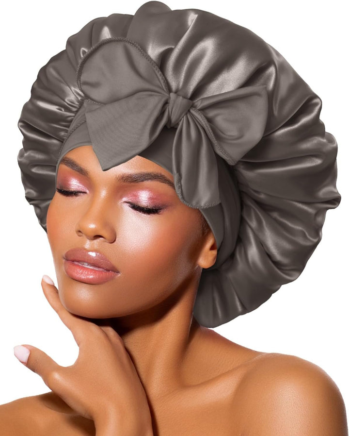 Silk Bonnet for Sleeping for Curly Hair, Satin Bonnet Hair Wrap for Women & Men, Adjustable Silk Scarf Night Cap with Tie Band, Champagne