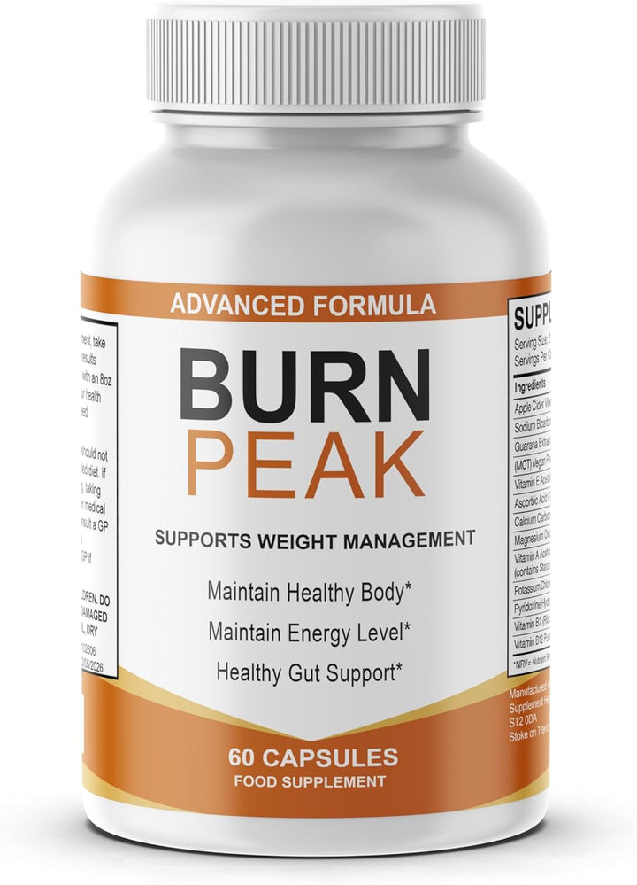Burn Peak Advanced Formula – Weight Management & Metabolism Support Supplement – Apple Cider Vinegar, Guarana & Vitamins B2, B12 – Energy & Gut Health Support – 60 Capsules – Made in UK