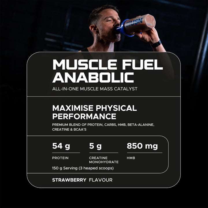 Muscle Fuel Anabolic All-In-One Muscle Mass Gainer, Strawberry Flavour - 2Kg, 54G Protein Powder, 5G Creatine Powder & 5G BCAA Powder for Maximum Muscle Growth, Post Workout Recovery Drink Mix