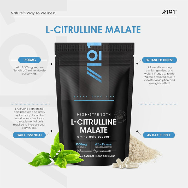 L-Citrulline Malate 1500Mg with Bioperine® - 90 Vegan Capsules - High Strength Fermented Amino Acid Supplement - 45 Day Supply - Resealable and Recyclable Pouch by