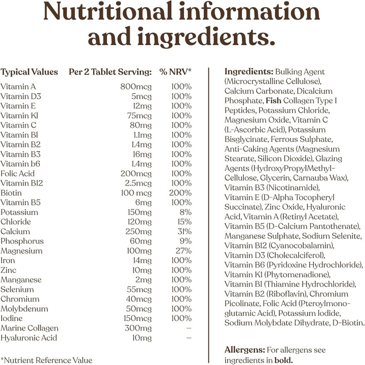 Women'S Multivitamins & Minerals with Marine Collagen & Hyaluronic Acid | 27 Essential Vitamins, Minerals, & Botanicals | Gluten-Free & No Synthetic Fillers or Binders | 60 Tablets |