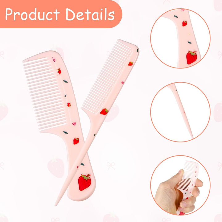 2Pcs Cute Hair Comb Set, Pink Strawberry Baby Comb Fine Tooth Comb & Rat Tail Comb Toddler Tiny Hair Brush Small Girls Comb Plastic Mini Comb Hair Parting Comb for Women Girls Kids All Hair Types