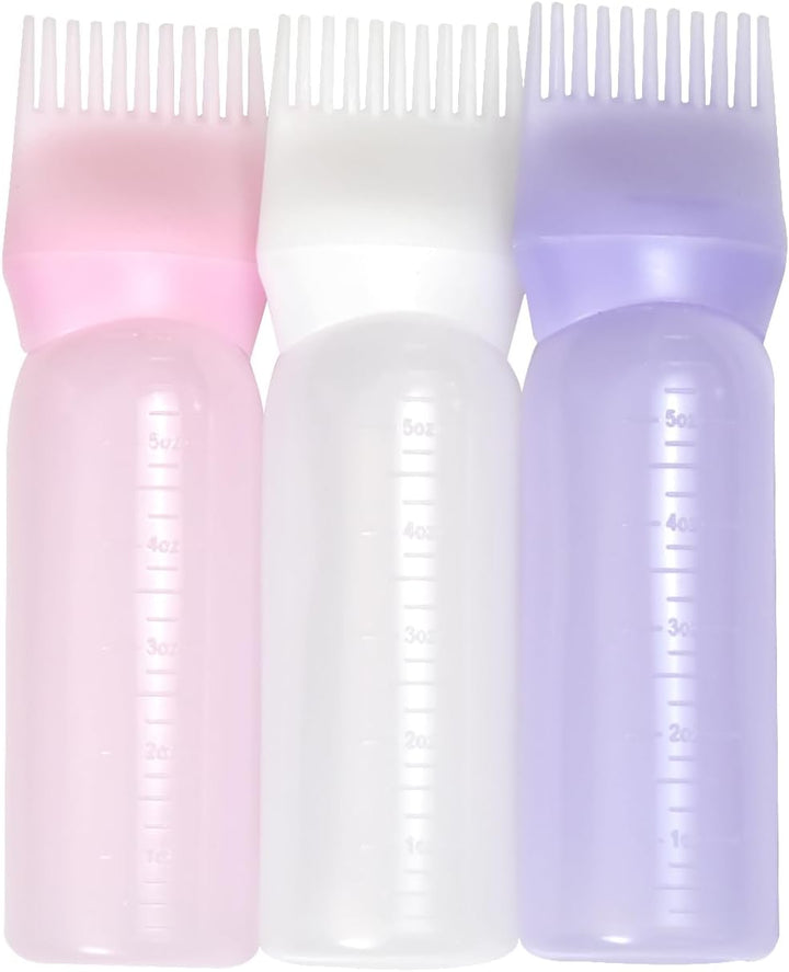 3 Pieces Hair Oil Applicator Bottle Root Comb Hair Dye Brush Applicator Bottle with Graduated 6 Ounce Scale (3 Colors)