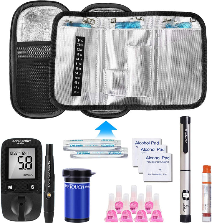 Insulin Cooler Travel Case - Handy Medication Insulated Diabetic Carrying Cooling Bag for Insulin Pen, Glucose Meter and Diabetic Supplies with 3 Cooler Ice Pack (Black)