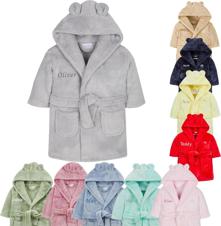 Baby Girl Boy Personalised Dressing Gown Robe Bathrobe Hooded Bear Ear