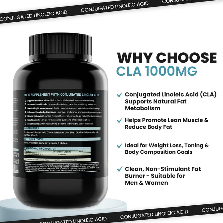 CLA Softgels 1000Mg per Softgel | 180 Softgels | Conjugated Linoleic Acid | Diet and Weight Loss Supplement | Natural Fat Burner | Suitable for Men & Women | by