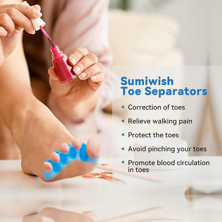 Toe Separators & Toe Spacers - 4 Pairs (Blue and Clear) - Soft Toe Straighteners for Bent Toes - Silicone Toe Separators for Overlapping Toes, Plantar Fasciitis, Hammer Toes & Claw Toes