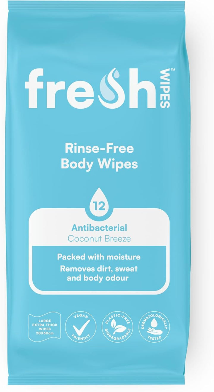 Antibacterial Body Wet Wipes for Adults 1 Pack (12 Wipes) - Coconut Scent - Extra Large Biodegradable - Dermatologically Tested & Suitable for the Elderly or Disabled - Great for Camping