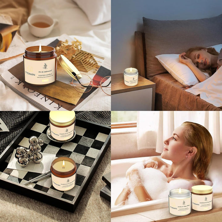 Scented Candles Gift Set, 4 Pack Natural Soy Candles: Jasmine & Ylang Ylang, Sandalwood & Patchouli, Fir & Cedarwood, Vanilla & Amber, Aromatherapy Gift for Christmas Birthday