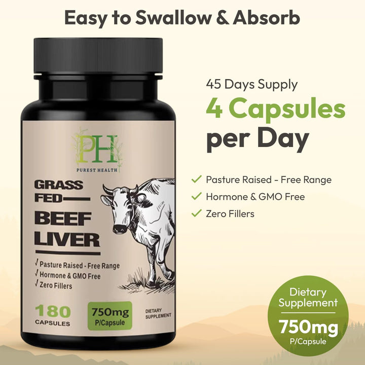 Grass Fed Beef Liver Capsules - 750Mg per Capsule - 180 Capsules - Supports Energy, Focus, Skin Health, Immunity & Full Body Wellness - Non GMO - Lab Tested
