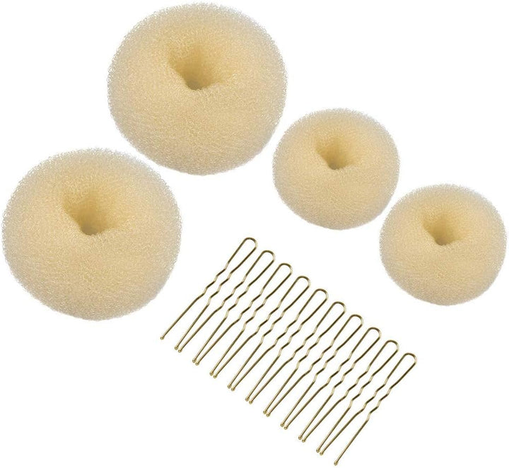 Hair Donuts for Buns,  4Pcs Hair Bun Maker Shaper Set with 10Pcs Bobby Pins for Dancer Ballerina, Brown