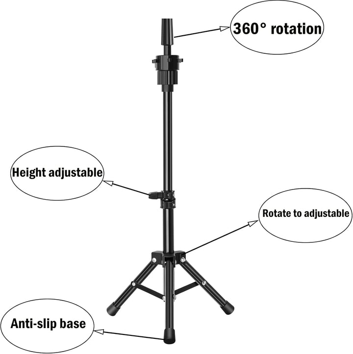 Mini Mannequin Head Tripod, Adjustable Wig Stand Tripod, Mannequin Head Stand Holder for Hairdressing Training (Black)