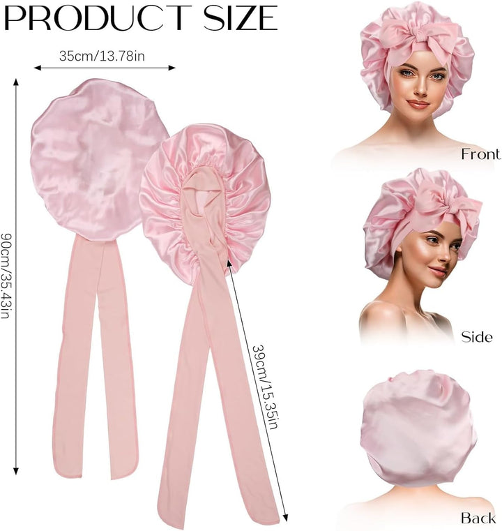 2PCS Satin Bonnet, Silk Bonnet Hair Wrap for Sleeping, Hair Bonnet for Bath, Tie Band for Women Long Curly Braid Hair (Black, Pink)