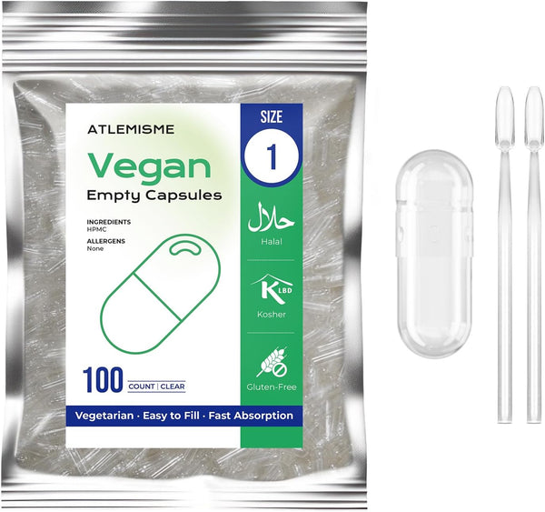 Empty Capsules Size 1 100 Count,Clear Empty Vegan Capsules Kosher,Halal and Non GMO Certified for DIY Supplements.Hypoallergenic Veggie Capsules Empty with 2 Spoons,Adapted to the Capsule Filler