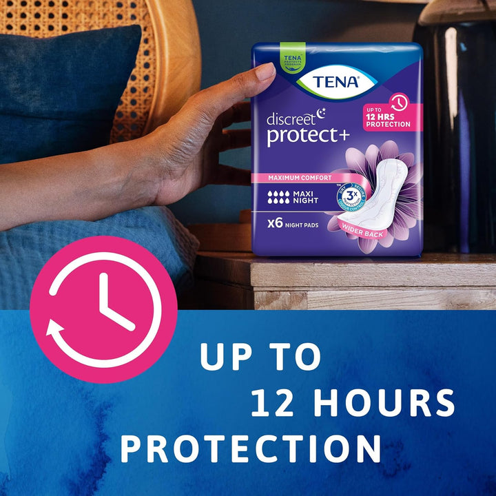 Discreet Maxi Night, Incontinence Pads for Women, Specifically Designed for Night Time Protection with Wider Back and Extra Length, 48 Count (Pack of 8 X 6),Packaging May Vary