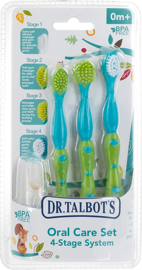 Oral Care Set with Stand; 4-Stage System with 1 Silicone Finger Massager, 2 Massaging Brushes, 1 Soft Nylon Bristle Toddler Toothbrush; 0+ Months, Blue & Aqua