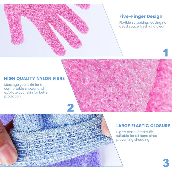 Exfoliating Gloves | Bamboo Shower Gloves | 6Pcs Bath and Body Exfoliator Mitts | Scrubs Away Ingrown Hair and Dead Skin for Shower, Spa, Massage and Dead Skin Cell Remover Loofah - Green,Blue,Pink