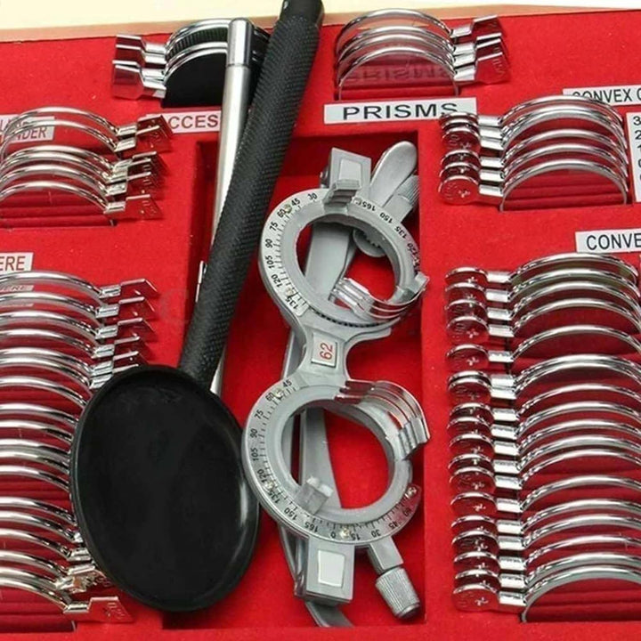 104 PCS Optical Trial Lens Set Optometry Kit Metal Rim Aluminium Case Kit Set with Optometry Test Trial Frame, Accurate Rim Retinoscopy Rack Lenses Test Glasses
