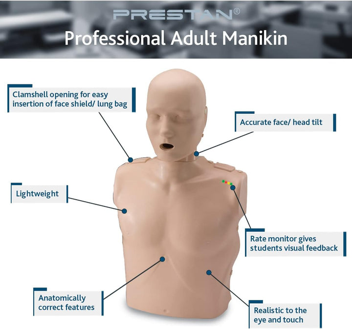Lightweight Professional Adult CPR/AED Training Manikin with CPR Monitor - Real Life Training & Visual Feedback for Training Students - Includes 10 Lung Bags