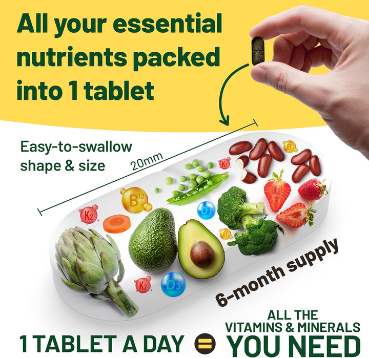 Vegan Multivitamins & Minerals with High Strength Vitamin B12, D3 & K2. 180 Multivitamin Tablets - 6 Months Supply. Designed for Vegans & Vegetarians.