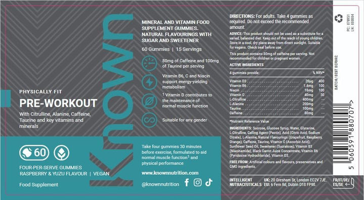 Pre-Workout Gummies – Raspberry & Yuzu Flavour – Vegan Gummy Supplement – Caffeine, Taurine, Citrulline, Alanine & Vitamins D3, B3, B6, C – Energy, Focus & Endurance – 15 Servings – Men & Women