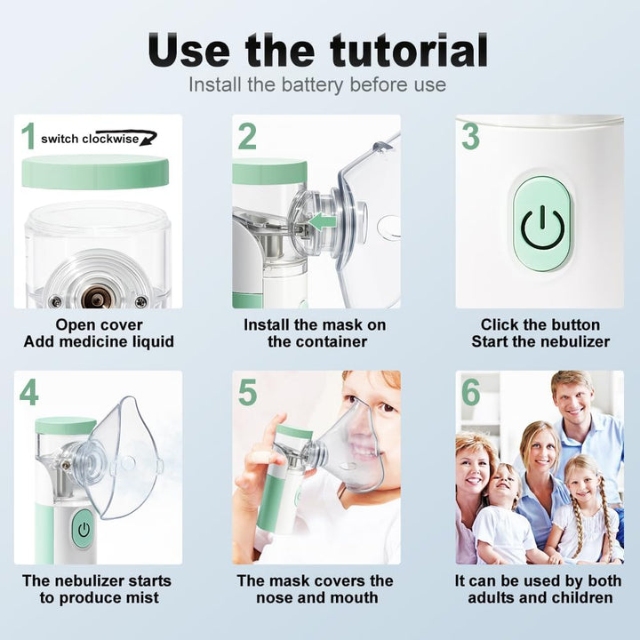Nebuliser Machine for Adults, Rechargeable Portable Nebuliser for Adults & Kids, Silent Nebuliser for Kids with 2 Masks and Mouthpiece, Handled Nebulizer for Home (Green)