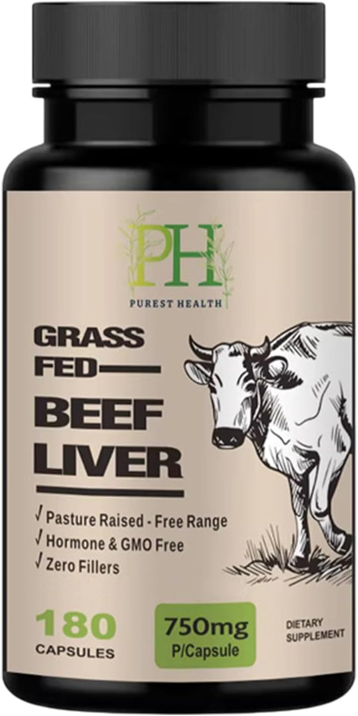 Grass Fed Beef Liver Capsules - 750Mg per Capsule - 180 Capsules - Supports Energy, Focus, Skin Health, Immunity & Full Body Wellness - Non GMO - Lab Tested