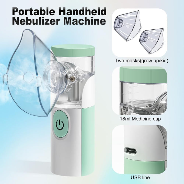 Nebuliser Machine for Adults, Rechargeable Portable Nebuliser for Adults & Kids, Silent Nebuliser for Kids with 2 Masks and Mouthpiece, Handled Nebulizer for Home (Green)
