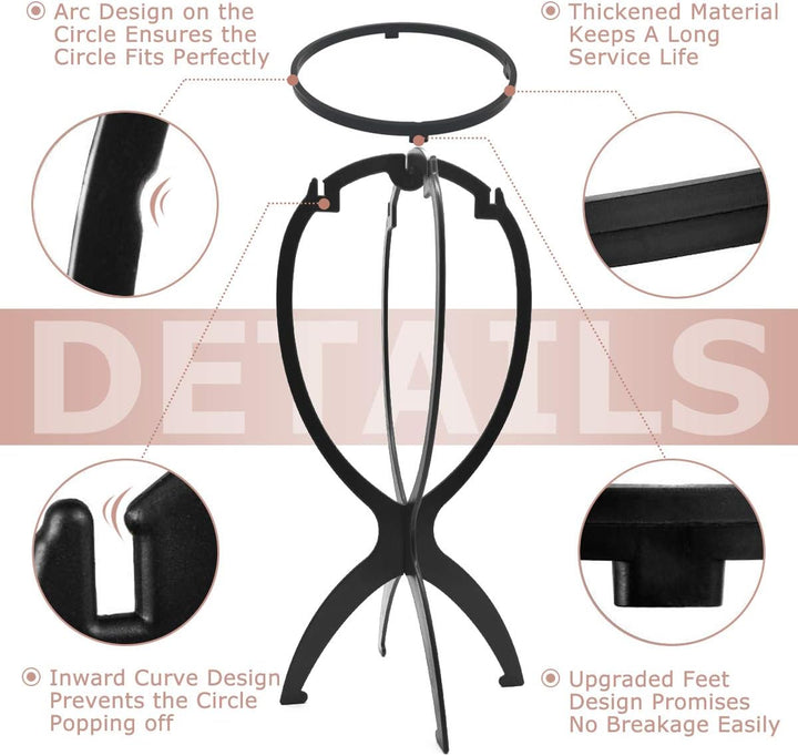 Folding Wig Stands for Short Hair, Plastic Wig Head, Portable Display Stands, Black, 3 Pack