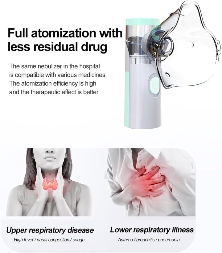 Nebuliser Machine for Adults, Rechargeable Portable Nebuliser for Adults & Kids, Silent Nebuliser for Kids with 2 Masks and Mouthpiece, Handled Nebulizer for Home (Green)