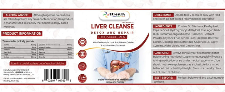 Cleanse Detox and Repair Supplement by Homacia | Choline-Infused Natural & Vegan-Friendly | Liver Health for Women & Men | 120 Caps