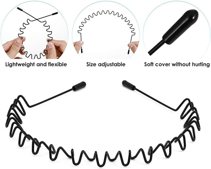 Elastic Wavy Spring Wave Hair Hoop, Multi-Style Black Non-Slip Metal,Unisex Sport Fashion Hair Band Accessories for Women and Men(6 Pieces)