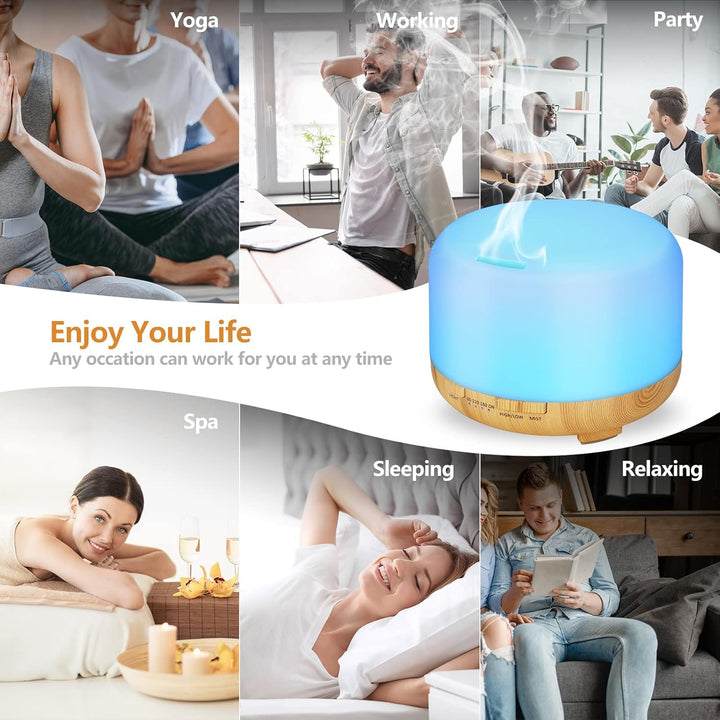 Essential Oil Diffuser 450Ml, Electric Aroma Ultrasonic Aromatherapy Fragrant Oil Vaporizer Humidifier, Purifies the Air, Timer and Auto-Off Safety Switch, 7 LED Light Colors (Light Brown)