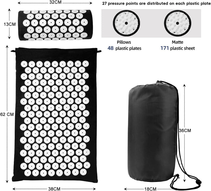 Acupressure Mat, Acupuncture Mat, Massage Mat and Pillow Set, Relieving Neck and Back Pain, Muscle Relaxation and Stress Reduction, Sciatica Relief, Suitable for Men and Women, Carry a Handbag, Black