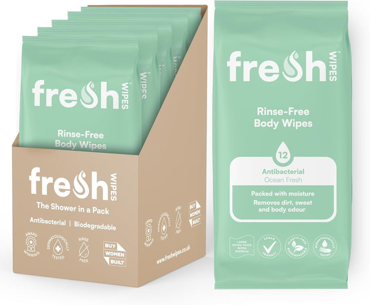 Antibacterial Body Wet Wipes for Adults 1 Pack (12 Wipes) - Coconut Scent - Extra Large Biodegradable - Dermatologically Tested & Suitable for the Elderly or Disabled - Great for Camping