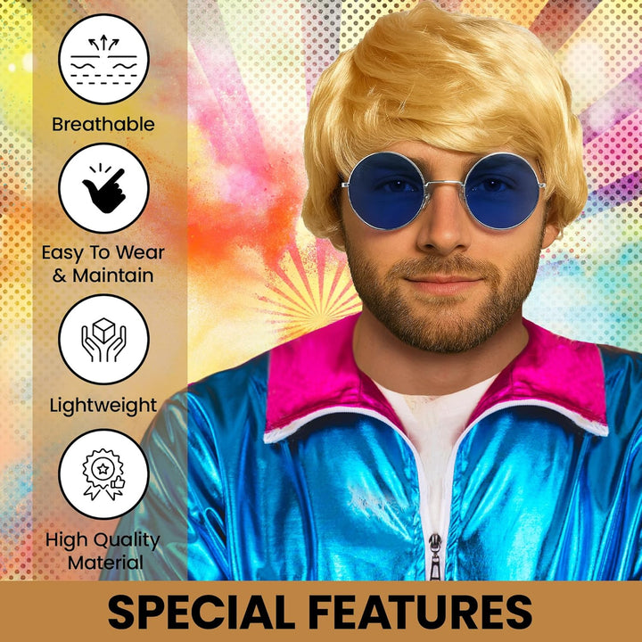 Mens Blonde Boyband Wig with Fringe Fancy Dress Accessories - Short Blonde Wig Men Hair Accessory for Britpop Party 60S 70S and 80S Fancy Dress Adult - Synthetic Short Hair as Halloween Accessories