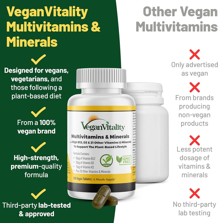 Vegan Multivitamins & Minerals with High Strength Vitamin B12, D3 & K2. 180 Multivitamin Tablets - 6 Months Supply. Designed for Vegans & Vegetarians.