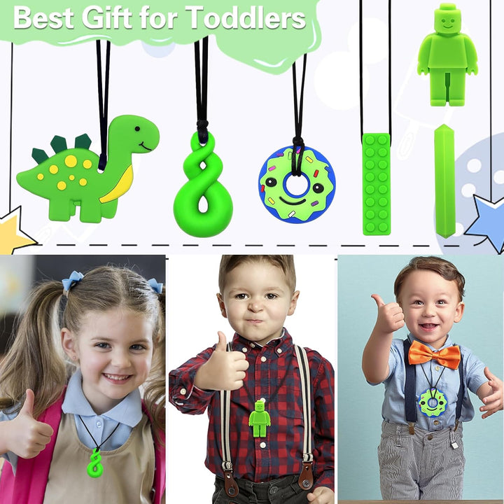 6PCS Sensory Chew Necklace, Teether Chew Toys Safety Food Grade Silicone for Kids Toddlers ADHD, Autistic, Biting Needs, Oral Motor Teether Chew Pendant Toy with Adjustable Buckle for Baby Boys(Green)